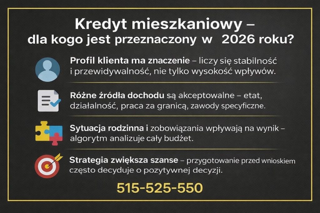 Infografika: dla kogo hipoteka mieszkaniowa w 2026 roku - liczy się stabilność i profil klienta; akceptowane źródła dochodu (etat, działalność, praca za granicą); sytuacja rodzinna wpływa na wynik; przygotowanie i strategia przed wnioskiem zwiększają szanse. 515-525-550.