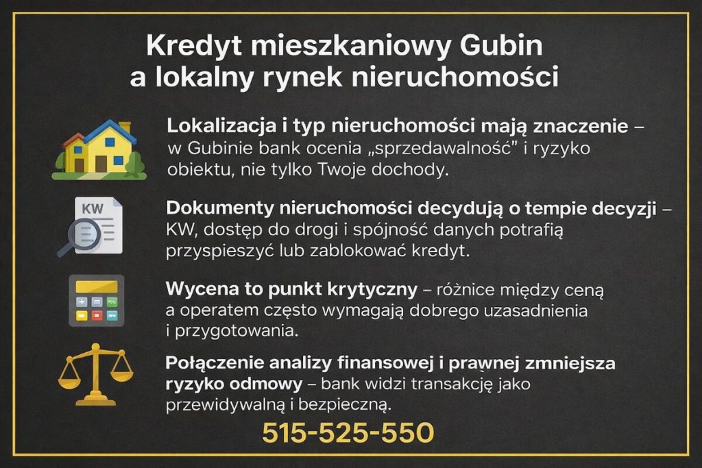 Infografika: kredyt mieszkaniowy Gubin a lokalny rynek nieruchomości. Cztery tezy z ikonami: lokalizacja i typ obiektu, dokumenty KW i dostęp do drogi, wycena vs operat oraz połączenie analizy finansowej i prawnej zmniejszające ryzyko odmowy. Numer 515-525-550.