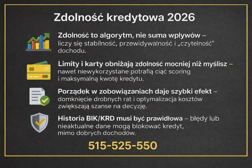 Zdolność kredytowa 2026 dla kredytu na mieszkanie w Gubinie. Cztery punkty z ikonami: algorytm banku, limity i karty, porządek w zobowiązaniach oraz prawidłowa historia BIK/KRD. Ciemne tło, złota ramka i numer 515-525-550. Przygotowanie wniosku, analiza BIK i KW
