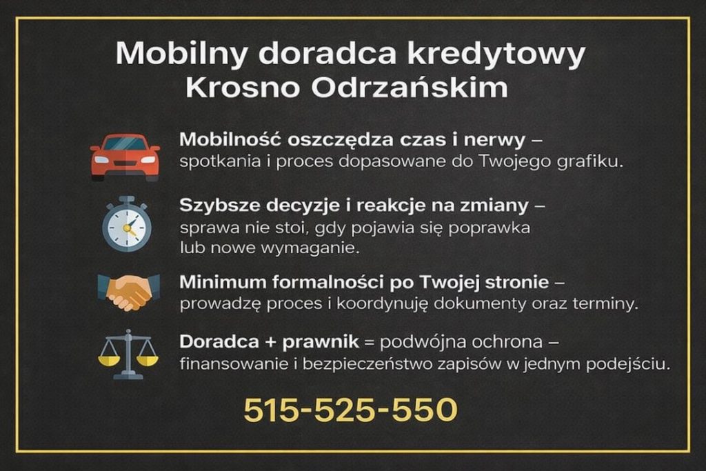 Mobilny doradca kredytowy i prawnik oferujący wsparcie przy zakupie mieszkania, minimum formalności po stronie klienta, szybką reakcję na decyzje banków oraz bezpieczne prowadzenie procesu kredytowego.