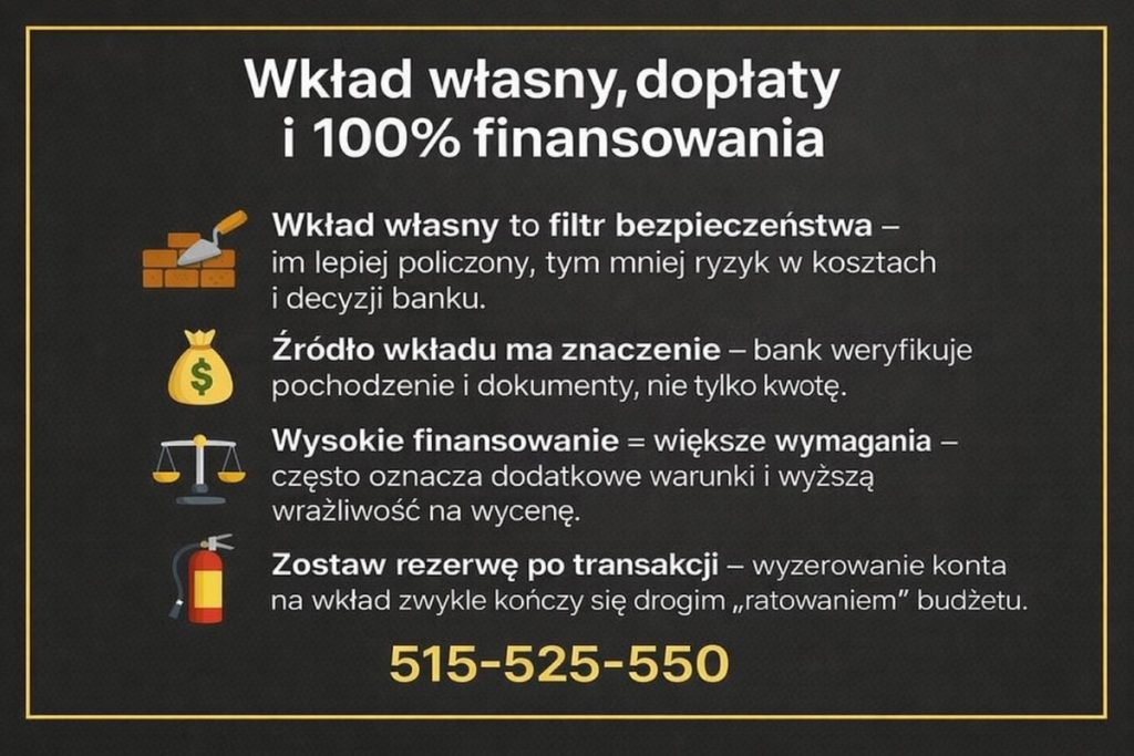 Plansza o wkładzie własnym i dopłatach: znaczenie wkładu, weryfikacja źródła środków, wysokie finansowanie i jego wymagania oraz konieczność rezerwy po transakcji. Ciemne tło, ikony, kontakt 515-525-550. Złota ramka, nagłówek, 4 punkty, ikony..