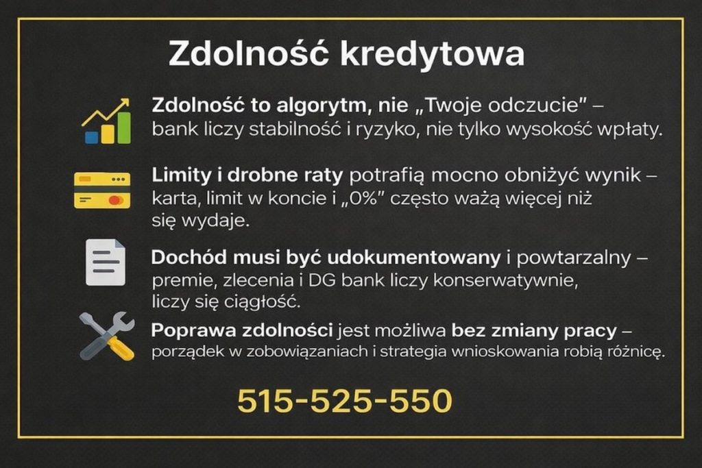 Kredyt na mieszkanie w Sulechowie – grafika o zdolności kredytowej: bank liczy algorytmem stabilność i ryzyko, limity i drobne raty obniżają wynik, dochód musi być udokumentowany i ciągły, a poprawa jest możliwa bez zmiany pracy. Telefon: 515-525-550. Złota ramka, ciemne tło