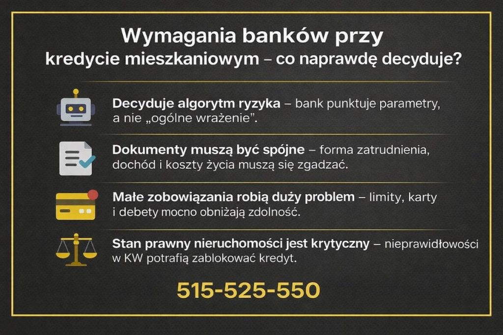 Infografika na ciemnym tle z żółtą ramką: wymagania banków przy kredycie mieszkaniowym - decyduje algorytm ryzyka, ważna jest spójność dokumentów dochodu i kosztów, limity kart obniżają ocenę, a stan prawny nieruchomości w KW może zablokować decyzję. 515-525-550.