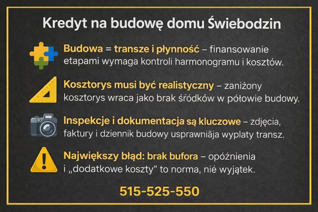 Infografika: Kredyt na budowę domu Świebodzin z ikonami puzzli, kątownika, aparatu i ostrzeżenia. Omawia transze i płynność, realistyczny kosztorys, dokumentację do wypłat oraz potrzebę bufora na opóźnienia i koszty. Telefon 515-525-550. Warto. Lokalnie.