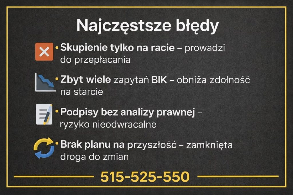 Kredyt hipoteczny - najczęstsze błędy popełniane przez kredytobiorców, takie jak skupienie się wyłącznie na racie, zbyt wiele zapytań BIK, podpisywanie dokumentów bez analizy prawnej oraz brak długoterminowego planu finansowego przed zaciągnięciem zobowiązania.