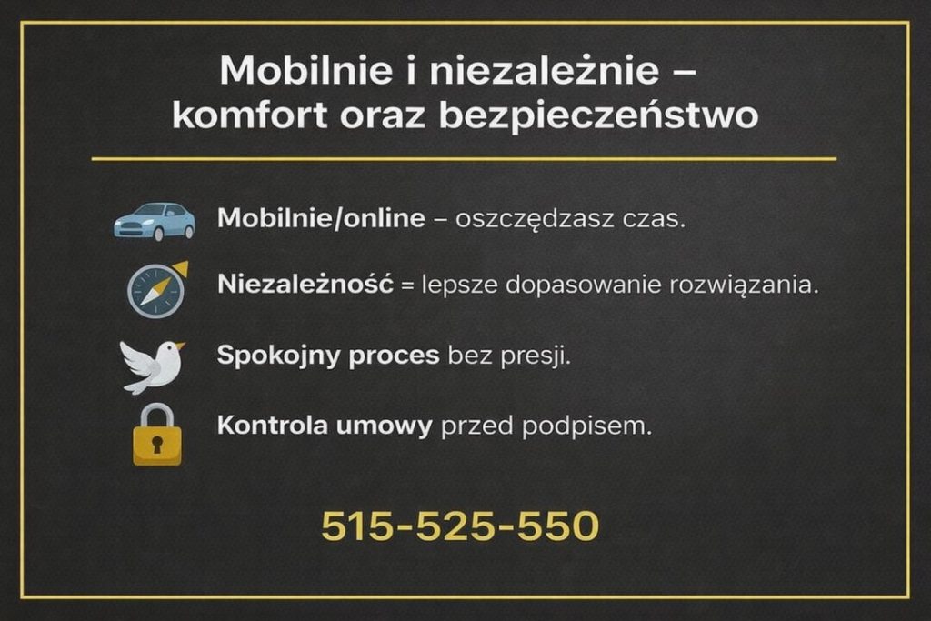 Pożyczka dla zarabiających w euro Zielona Góra – grafika pokazująca mobilne i niezależne doradztwo kredytowe. Przedstawia korzyści spotkań online, brak presji sprzedażowej, dopasowanie rozwiązania do klienta oraz kontrolę umowy przed podpisaniem kredytu gotówkowego.