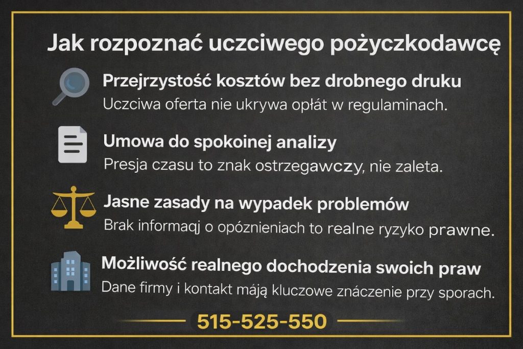 Infografika pokazująca, jak rozpoznać uczciwego pożyczkodawcę oferującego pożyczki krótkoterminowe. Grafika zwraca uwagę na przejrzystość kosztów, możliwość spokojnej analizy umowy, jasne zasady w razie opóźnień oraz realne dane firmy.