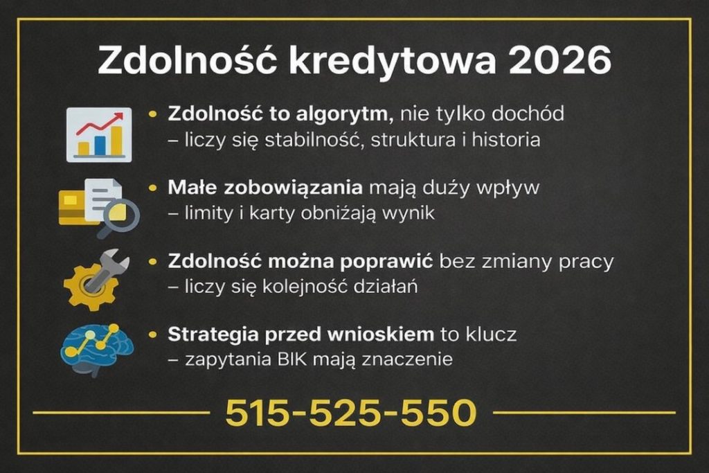 Zdolność kredytowa przy finansowaniu nieruchomości w 2026 roku - infografika wyjaśniająca, że zdolność to algorytm, a nie tylko dochód. Pokazuje wpływ małych zobowiązań, kart kredytowych, kolejności działań oraz zapytań BIK na ocenę banku.