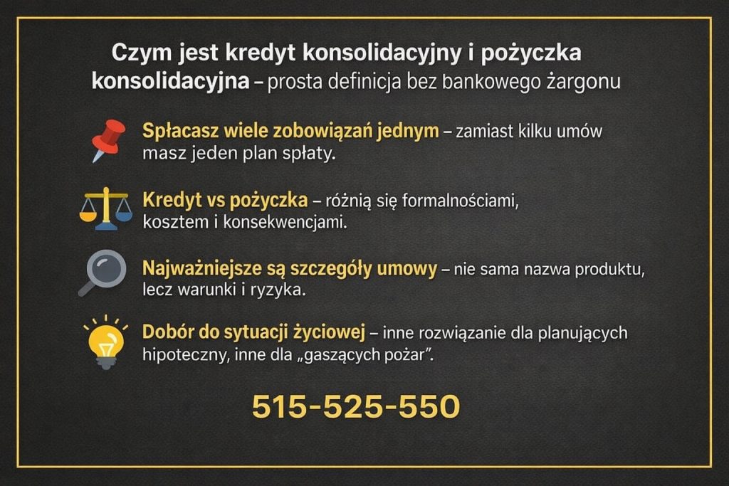 Konsolidacja zobowiązań jako sposób na odzyskanie kontroli nad finansami - grafika przedstawia korzyści jednej raty, strategiczne podejście do zadłużenia, znaczenie bezpieczeństwa prawnego oraz realną poprawę płynności i przewidywalności domowego budżetu.