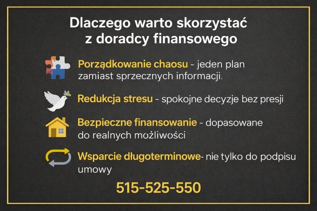 Doradca finansowy przedstawiający korzyści współpracy, takie jak uporządkowanie finansów, redukcja stresu, bezpieczne finansowanie oraz długoterminowe wsparcie. Grafika pokazuje, jak profesjonalny doradca finansowy pomaga podejmować spokojne i przemyślane decyzje kredytowe.