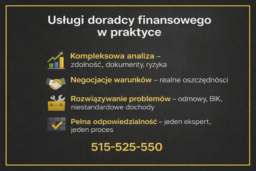 Doradca finansowy prezentujący zakres usług w praktyce, w tym analizę zdolności kredytowej, dokumentów i ryzyk, negocjacje warunków kredytu, rozwiązywanie problemów z BIK oraz pełną odpowiedzialność za proces finansowania klientów indywidualnych i firm.