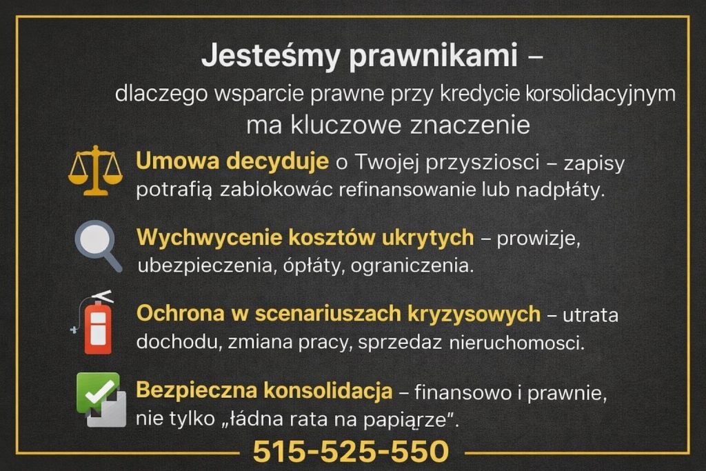 Kredyt konsolidacyjny z wsparciem prawnym - grafika pokazuje rolę prawnika i doradcy kredytowego w analizie umowy, wykrywaniu kosztów ukrytych, zabezpieczeniu klienta w sytuacjach kryzysowych oraz w budowaniu bezpiecznej konsolidacji finansowej i prawnej.