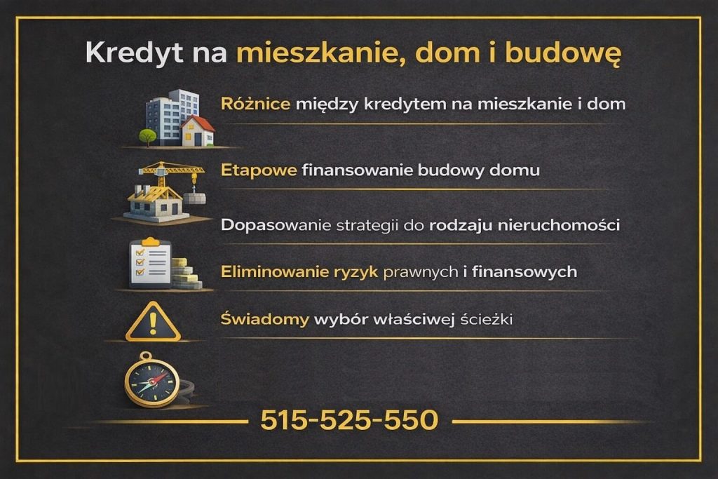 Ekspert kredytowy z Gubina wyjaśniający różnice między kredytem na mieszkanie, dom i budowę. Etapowe finansowanie inwestycji, dopasowanie strategii do rodzaju nieruchomości oraz eliminowanie ryzyk prawnych i finansowych przy wyborze właściwej ścieżki kredytowej.