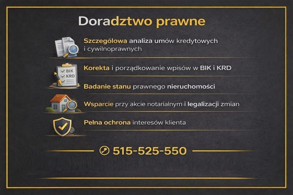 Doradca kredytowy i prawnik z Gubina zapewniający kompleksowe doradztwo prawne przy kredycie hipotecznym. Analiza umów cywilnoprawnych, korekta wpisów BIK i KRD, badanie stanu prawnego nieruchomości oraz pełna ochrona interesów klienta na każdym etapie procesu.