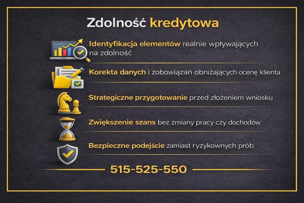 Specjalista od kredytów hipotecznych w Gubinie pomagający zwiększyć zdolność kredytową klienta. Identyfikacja barier finansowych, korekta danych, strategiczne przygotowanie przed złożeniem wniosku oraz bezpieczne podejście zamiast ryzykownych prób składania wniosków.