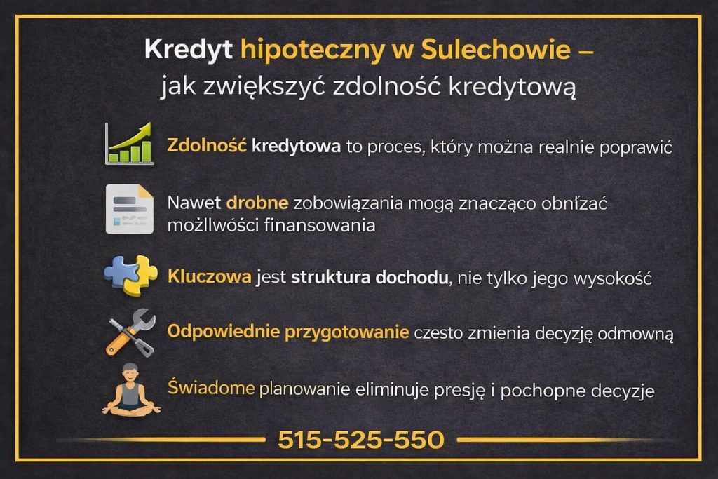 Ekspert hipoteczny Sulechów - jak zwiększyć zdolność kredytową. Grafika pokazuje, że zdolność to proces do poprawy drobne zobowiązania obniżają finansowanie a kluczowa jest struktura dochodu. Dobre przygotowanie często zmienia decyzję odmowną i ogranicza presję. 515-525-550.