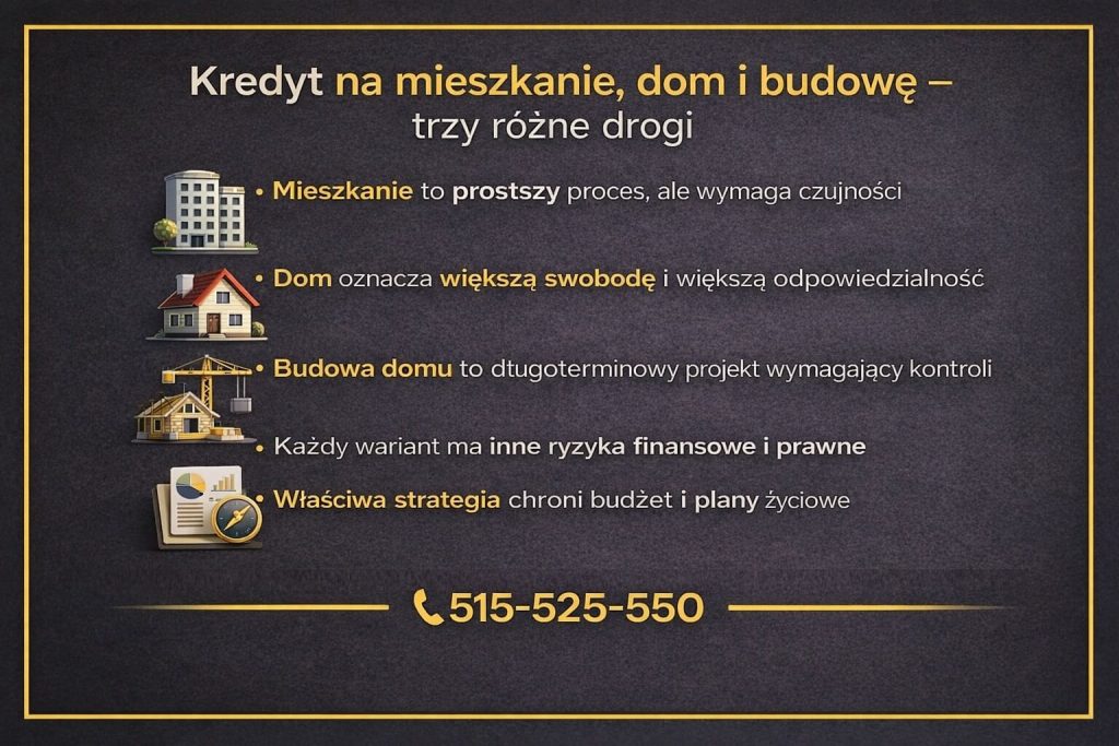 Ekspert kredytowy Sulechów - grafika porównuje kredyt na mieszkanie, dom i budowę. Ikony bloku, domu i budowy pokazują trzy drogi oraz różne ryzyka finansowe i prawne. Właściwa strategia chroni budżet i plany. Telefon 515-525-550. Pełna złota ramka, ciemne tło, styl premium.