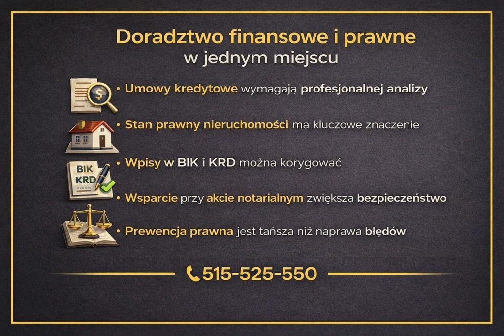 Ekspert kredytowy Sulechów - doradztwo finansowe i prawne w jednym miejscu. Grafika podkreśla analizę umów kredytowych, znaczenie stanu prawnego nieruchomości, możliwość korekty wpisów w BIK i KRD oraz wsparcie przy akcie notarialnym. 515-525-550. Złota ramka, ciemne tło. 3D
