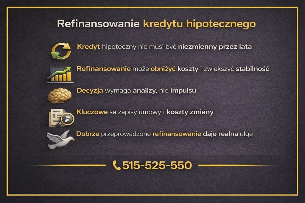 Doradca kredytowy w Sulechowie - refinansowanie kredytu hipotecznego. Grafika pokazuje, że kredyt nie musi być stały latami, refinansowanie może obniżyć koszty i zwiększyć stabilność. Decyzja wymaga analizy, liczą się zapisy umowy i koszty zmiany. 515-525-550. Złota ramka 3D