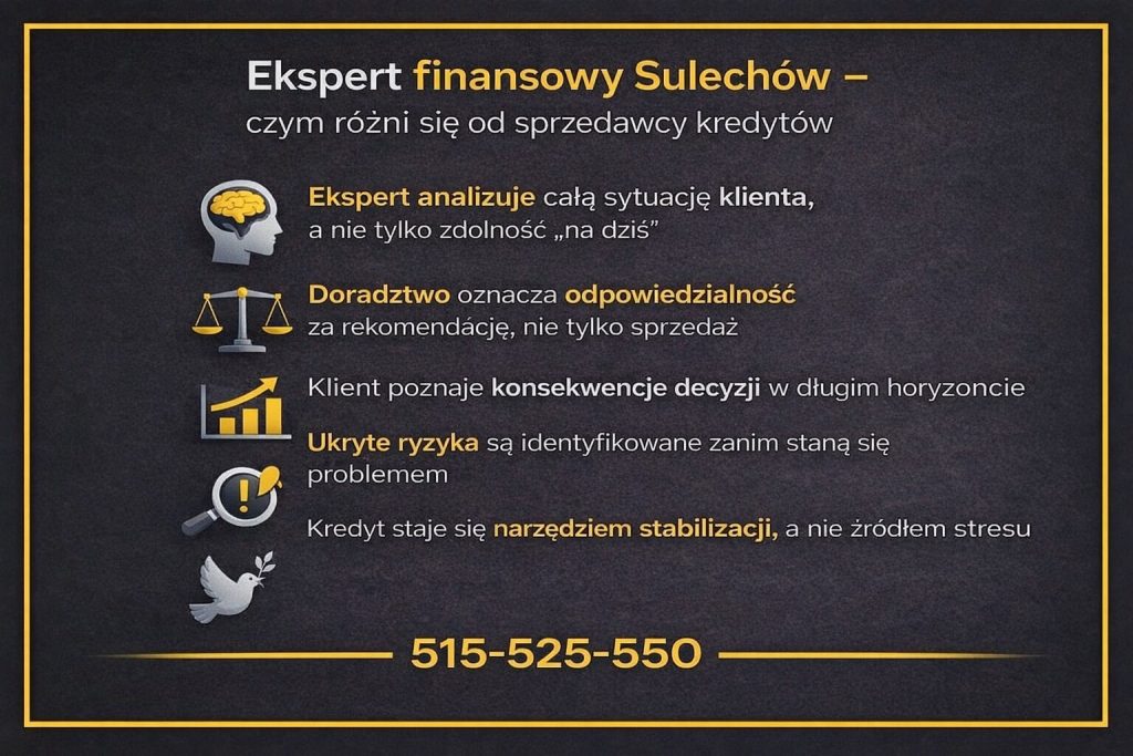 Ekspert finansowy Sulechów - różnica od sprzedawcy kredytów. Grafika pokazuje, że ekspert analizuje sytuację klienta, bierze odpowiedzialność za rekomendację, wyjaśnia konsekwencje i wykrywa ryzyka zanim staną się problemem. Kredyt stabilizuje, nie stresuje. 515-525-550.