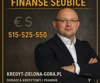 Grafika promocyjna finanse Słubice: doradca kredytowy i prawnik na ciemnym tle, hasło „Finanse Słubice”, symbole walut, numer 515-525-550 oraz adres kredyt-zielona-gora.pl. Materiał do artykułu o kredyt mieszkaniowy i hipotekę w Słubicach. Spójna typografia w złocie i ramka.