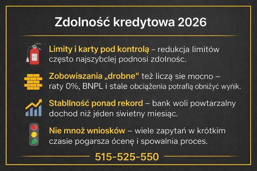 Finanse Słubice: „Zdolność kredytowa 2026” na ciemnym tle w złotej ramce, ikony w pionie. Wskazówki: limity i karty pod kontrolą, drobne zobowiązania (raty 0%, BNPL), stabilność dochodu oraz nie mnożenie wniosków. Telefon 515-525-550. Wskazówki do wniosku, krótko