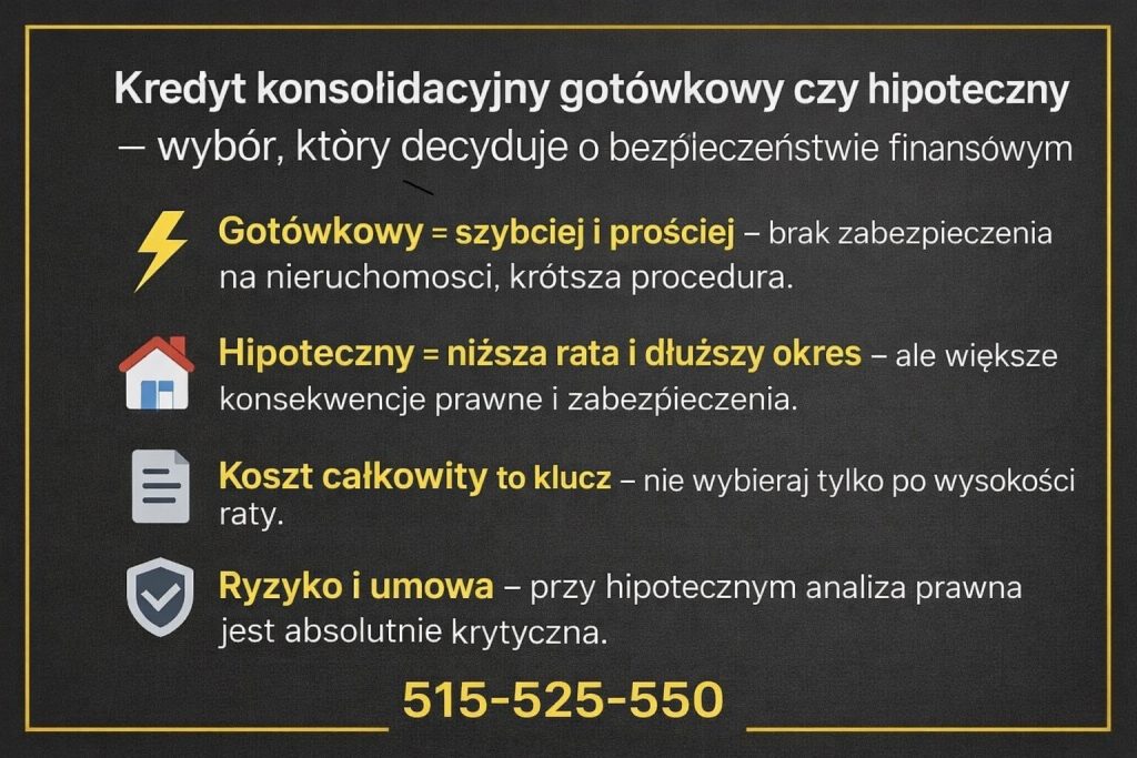 Kredyt konsolidacyjny gotówkowy i hipoteczny - porównanie form konsolidacji pod kątem bezpieczeństwa finansowego, kosztu całkowitego, konsekwencji prawnych oraz zabezpieczeń. Grafika pomaga zrozumieć, kiedy szybkie rozwiązanie ma sens, a kiedy kluczowa jest analiza ryzyka.