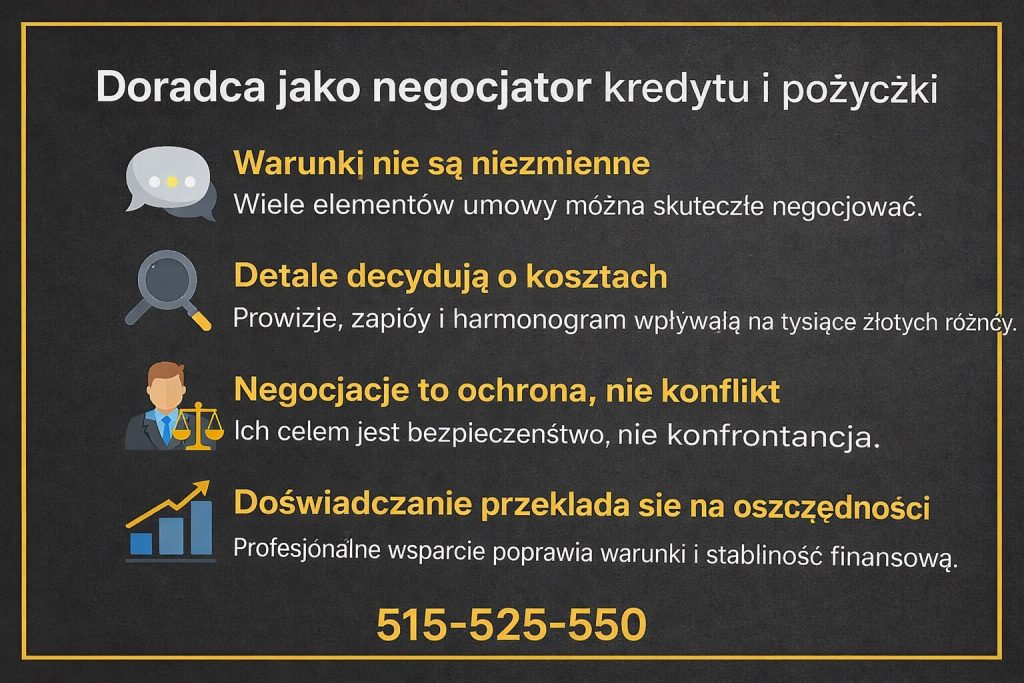 Doradca kredytowy i prawnik jako negocjator warunków kredytu i pożyczki gotówkowej. Profesjonalna analiza umowy, prowizji i harmonogramu spłat pozwala obniżyć koszty oraz zwiększyć bezpieczeństwo finansowe klienta.