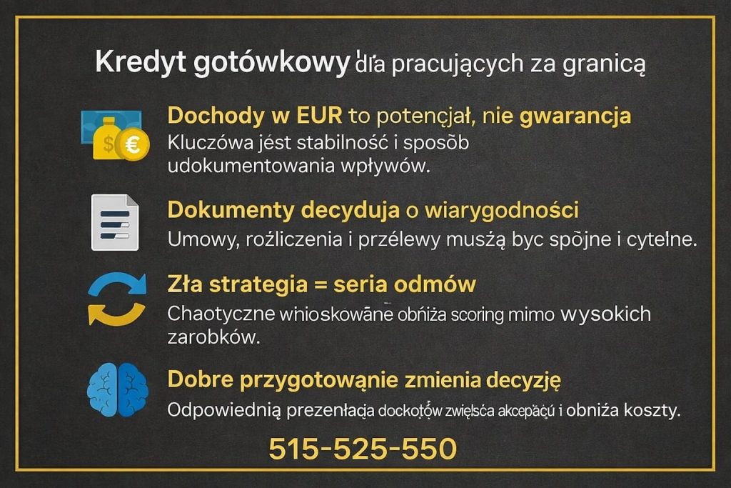 Kredyt gotówkowy Krosno Odrzańskie dla pracujących za granicą – dochody w EUR, komplet dokumentów i właściwa strategia wnioskowania. Doradca kredytowy pomaga zwiększyć akceptację banku, ograniczyć ryzyko odmów i poprawić warunki finansowania w 2026 roku.