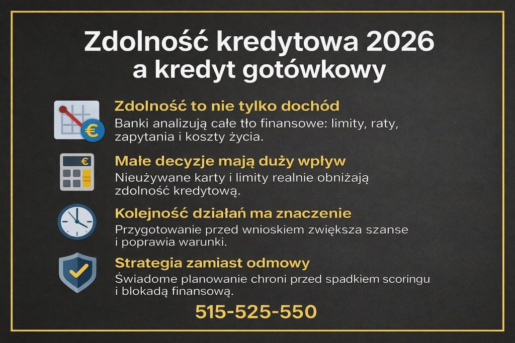 Kredyt gotówkowy Krosno Odrzańskie a zdolność kredytowa 2026 – banki analizują nie tylko dochód, ale także limity, raty, zapytania i koszty życia. Świadome przygotowanie przed wnioskiem zwiększa szanse na decyzję pozytywną i lepsze warunki.