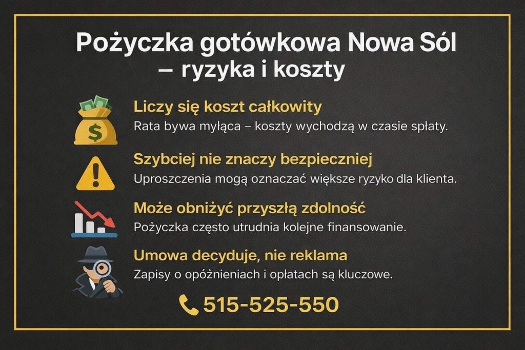 Infografika pokazująca realne ryzyka i koszty pożyczki gotówkowej. Grafika wyjaśnia znaczenie kosztu całkowitego, wpływ uproszczonych procedur na bezpieczeństwo klienta, konsekwencje dla zdolności kredytowej oraz rolę zapisów umowy przy podejmowaniu decyzji finansowej.