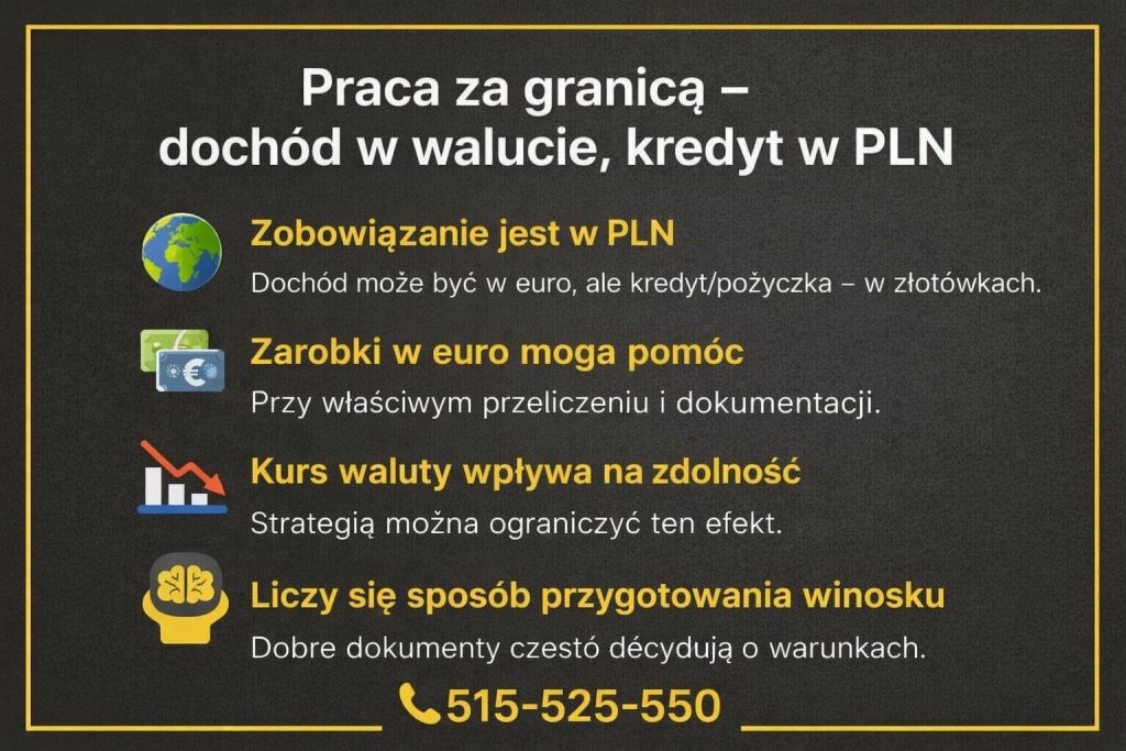 Grafika informacyjna pokazująca zależność między dochodem w euro a pożyczką w PLN. Materiał wyjaśnia wpływ kursu waluty na zdolność kredytową oraz znaczenie prawidłowego przygotowania dokumentów i wniosku kredytowego.