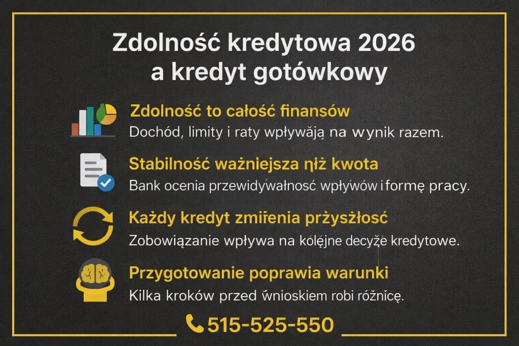 Pożyczka gotówkowa Nowa Sól a zdolność kredytowa 2026 – grafika edukacyjna przedstawiająca, jak dochód, limity i raty wpływają na ocenę banku. Infografika podkreśla znaczenie stabilności finansowej, planowania zobowiązań oraz przygotowania przed złożeniem wniosku o finansowanie.