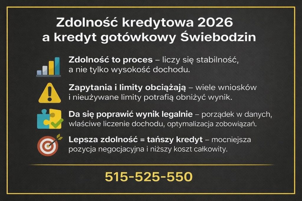 Kredyt gotówkowy Świebodzin w kontekście zdolności kredytowej 2026 - grafika edukacyjna pokazująca, że liczy się stabilność dochodów, liczba zapytań i limity. Materiał wyjaśnia, jak legalnie poprawić wynik BIK i obniżyć koszt kredytu gotówkowego.