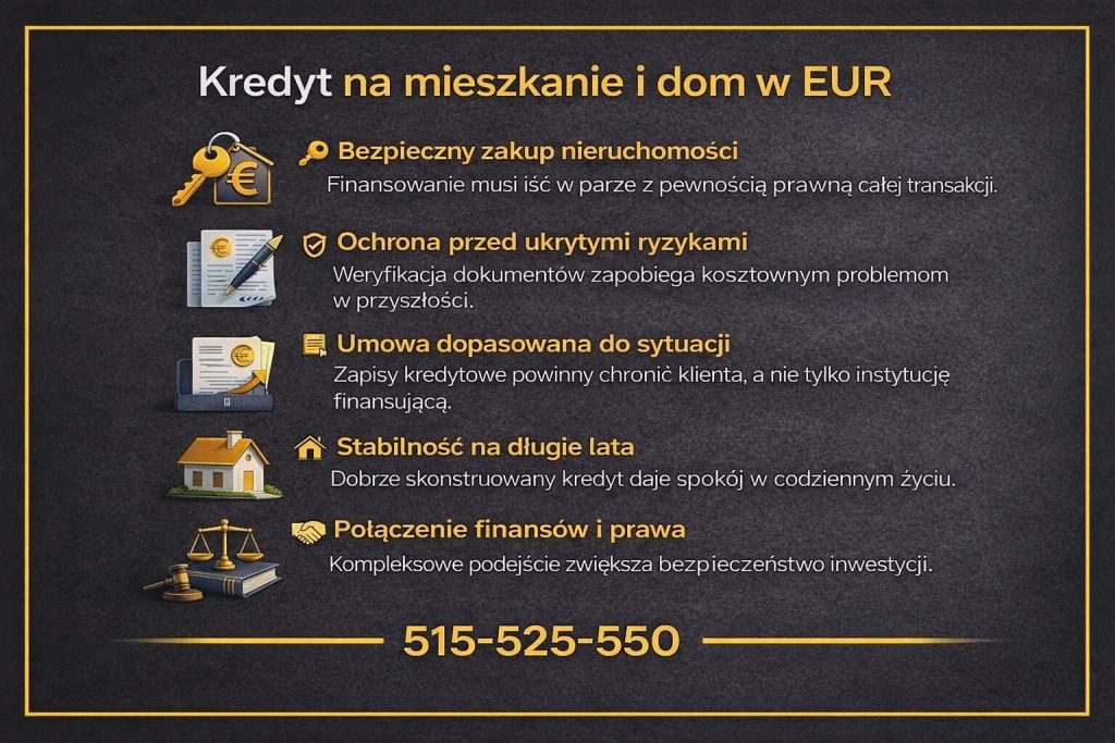 Kredyt hipoteczny EUR Sulechów na zakup mieszkania lub domu, pokazany jako bezpieczne połączenie finansowania i ochrony prawnej, obejmujące analizę umowy, weryfikację dokumentów, stabilność zobowiązania oraz długoterminowe bezpieczeństwo inwestycji.