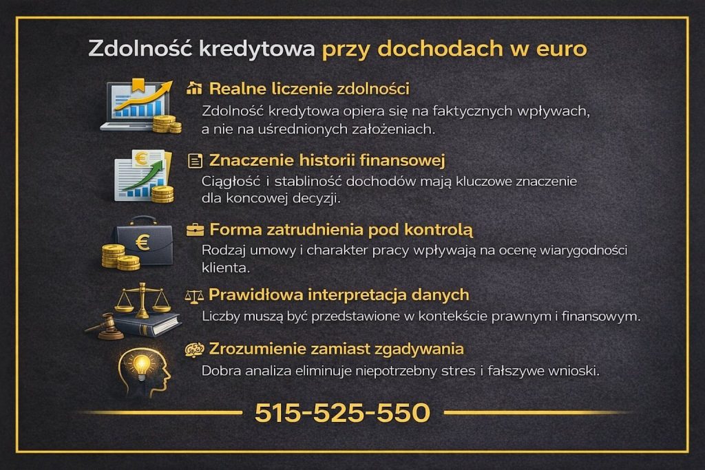 Kredyt hipoteczny EUR Sulechów w kontekście zdolności kredytowej przy dochodach w euro, z naciskiem na realne liczenie wpływów, znaczenie historii finansowej, formę zatrudnienia oraz prawidłową interpretację danych przy podejmowaniu decyzji kredytowej.