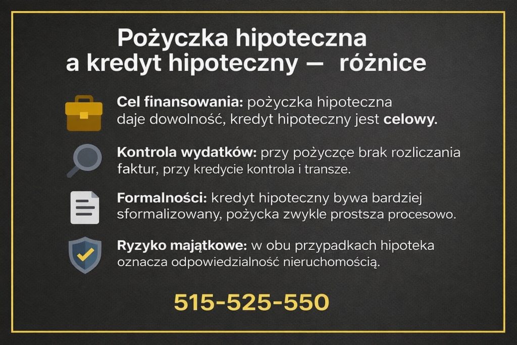 Porównanie kluczowych różnic dotyczących celu finansowania, kontroli wydatków, formalności oraz ryzyka majątkowego. Infografika pokazująca, kiedy pożyczka hipoteczna daje większą elastyczność niż klasyczny kredyt.