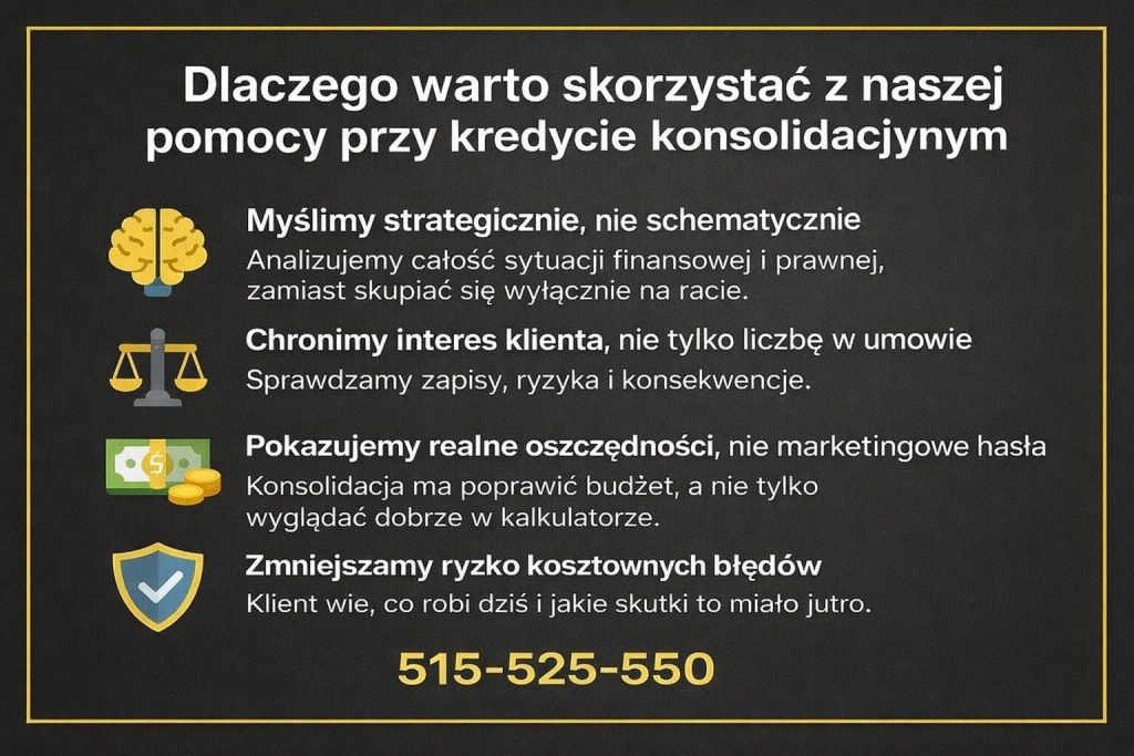 Kredyt konsolidacyjny Sulechów - graficzne podsumowanie korzyści współpracy z doradcą kredytowym i prawnikiem. Strategiczna analiza finansowa i prawna, ochrona interesu klienta, realne oszczędności oraz ograniczenie ryzyka kosztownych błędów przy konsolidacji rat.