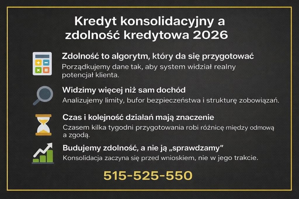 Kredyt konsolidacyjny Sulechów a zdolność kredytowa 2026 - infografika pokazująca, jak przygotowanie danych, analiza limitów, bufora bezpieczeństwa i kolejności działań wpływa na decyzję banku oraz zwiększa szanse na skuteczną konsolidację zobowiązań.