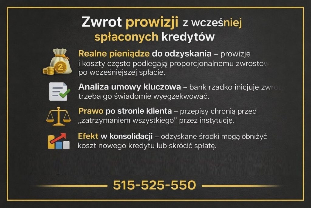 Infografika o kredycie konsolidacyjnym i możliwości odzyskania prowizji z wcześniej spłaconych kredytów. Grafika pokazuje realne pieniądze do zwrotu, znaczenie analizy umowy oraz prawa klienta chroniące przed zatrzymaniem kosztów przez instytucje finansowe.