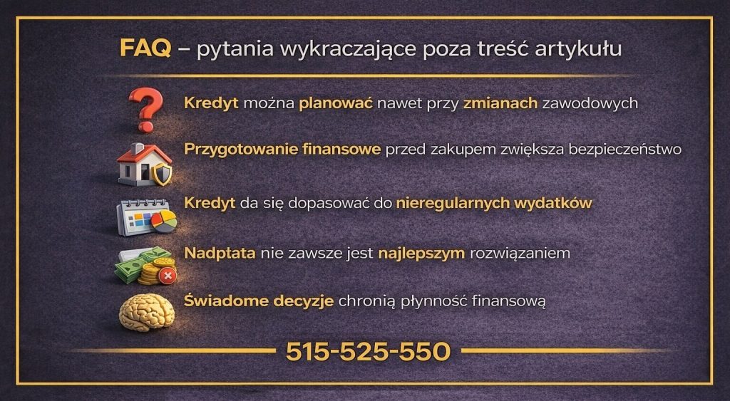 Najczęstsze pytania o kredyt mieszkaniowy w Nowej Soli - infografika FAQ uzupełniająca artykuł o dodatkowe zagadnienia. Grafika wskazuje, że kredyt można planować przy zmianach zawodowych, dopasować do nieregularnych wydatków oraz że świadome decyzje chronią płynność finansową.