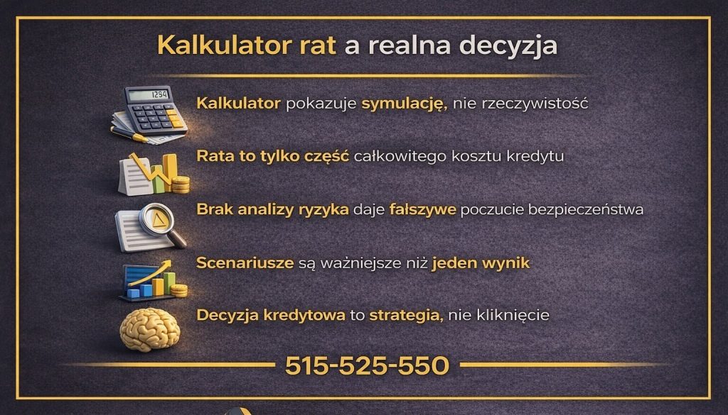Kalkulator rat kredytu hipotecznego w Nowej Soli - infografika pokazująca różnicę między symulacją a realną decyzją kredytową. Grafika tłumaczy, że rata to tylko część kosztu, brak analizy ryzyka daje fałszywe poczucie bezpieczeństwa, a kluczowe są scenariusze.