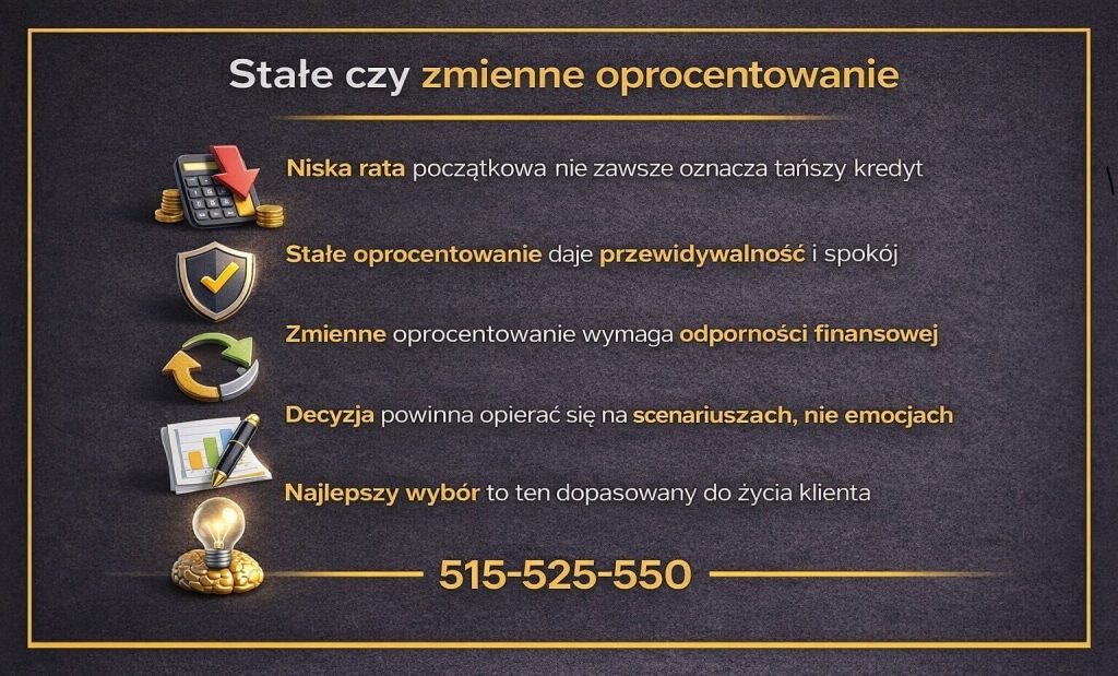 Kredyt mieszkaniowy Nowa Sól - porównanie stałego i zmiennego oprocentowania w formie czytelnej infografiki. Grafika wyjaśnia różnice między niską ratą początkową a przewidywalnością kosztów, pokazując że decyzja kredytowa powinna opierać się na scenariuszach, a nie emocjach.