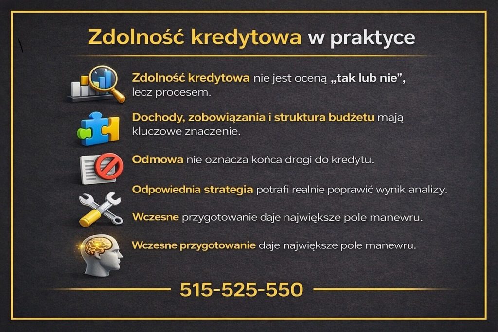 Finansowanie zakupu mieszkania w Nowej Soli - infografika wyjaśniająca, czym jest zdolność kredytowa w praktyce. Grafika pokazuje, że ocena nie jest decyzją „tak lub nie”, lecz procesem zależnym od dochodów, zobowiązań i strategii, a wczesne przygotowanie zwiększa szanse.