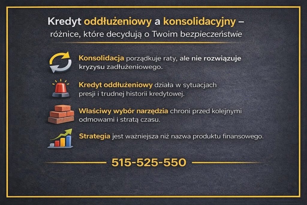 Kredyt oddłużeniowy a kredyt konsolidacyjny - porównanie rozwiązań finansowych. Infografika pokazuje różnice w strategii, bezpieczeństwie i skuteczności oddłużania, podkreślając, że właściwy wybór narzędzia chroni przed kolejnymi odmowami banków.