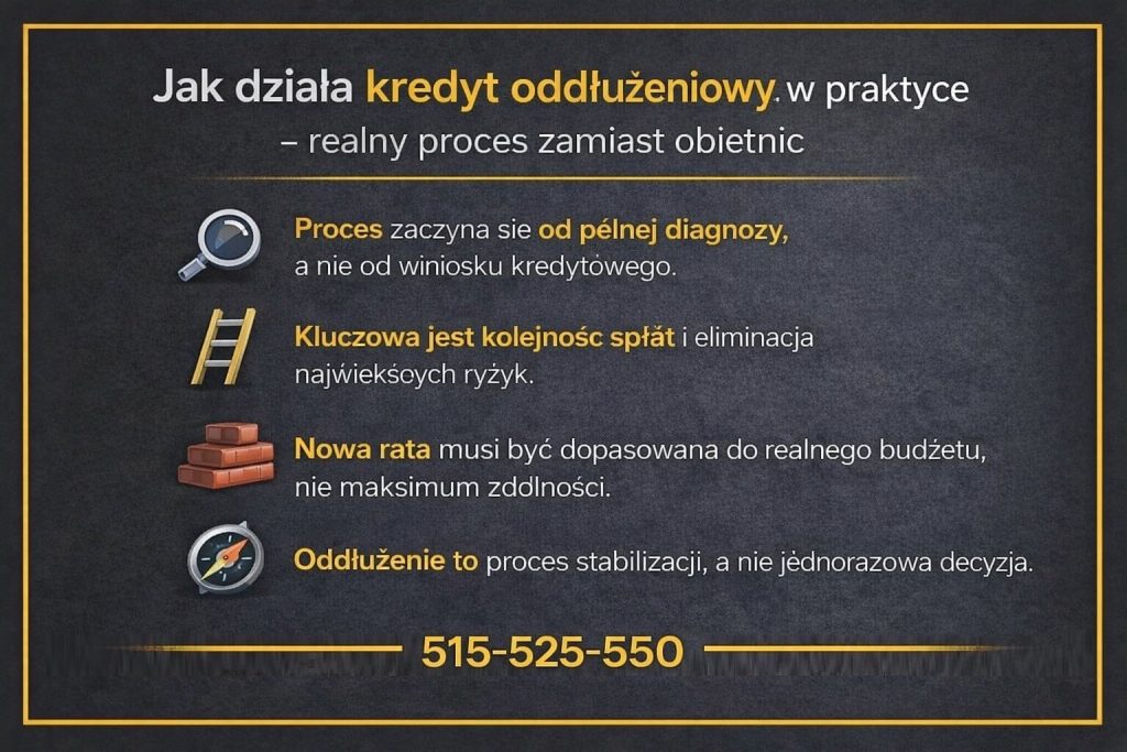Jak działa proces oddłużania krok po kroku - infografika pokazująca realny mechanizm wyjścia z długów. Diagram wyjaśnia znaczenie pełnej diagnozy finansowej, właściwej kolejności spłat oraz dopasowania raty do realnego budżetu domowego.