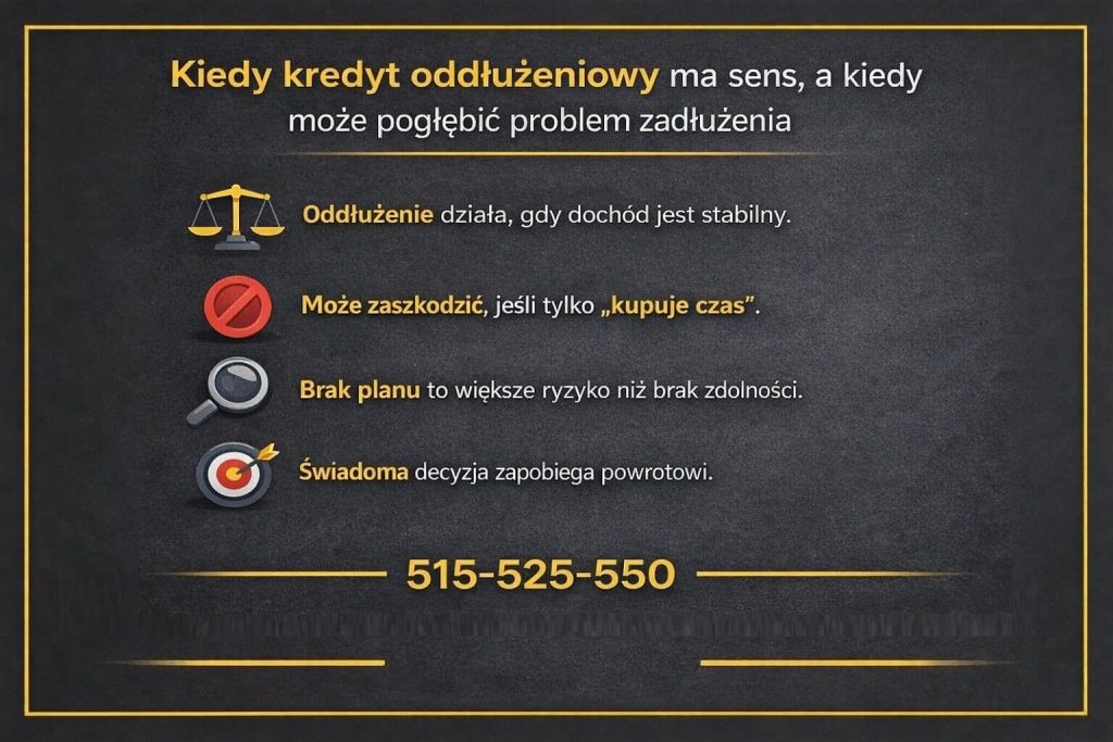Kiedy oddłużenie finansowe ma sens, a kiedy może pogłębić problem zadłużenia. Grafika pokazuje warunki skuteczności: stabilny dochód, świadomą decyzję i plan działania, ostrzegając przed rozwiązaniami, które jedynie „kupują czas”.