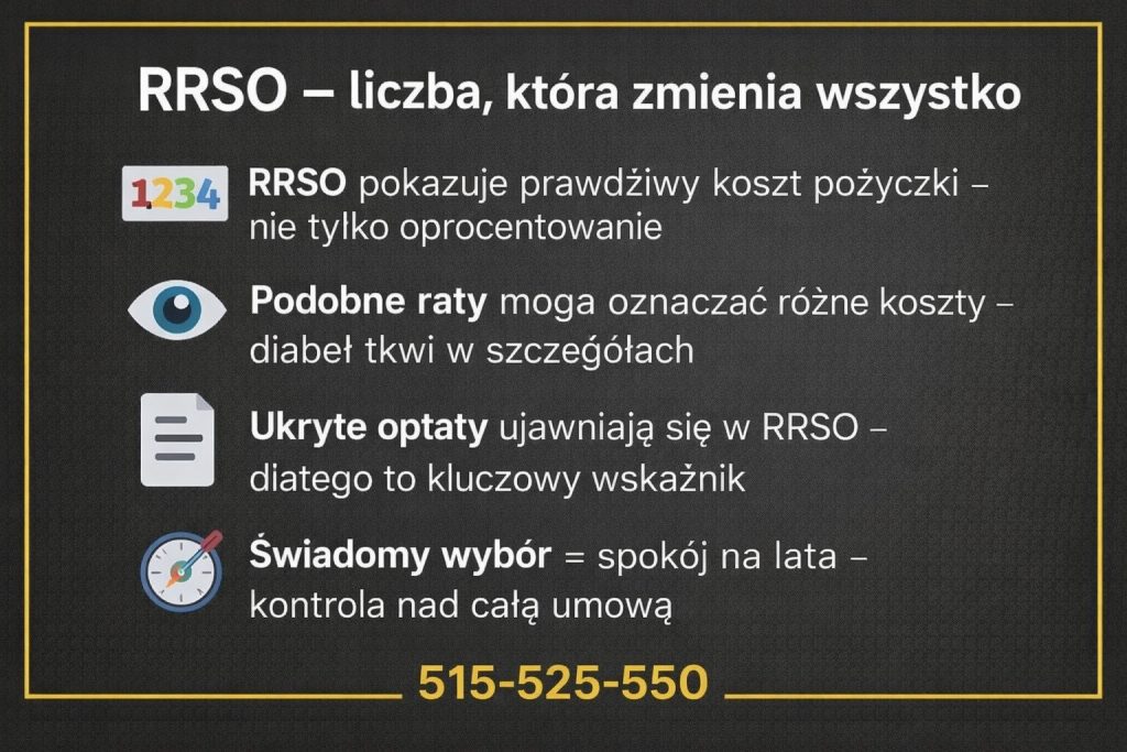 RRSO pożyczki gotówkowej przedstawione w formie infografiki wyjaśniającej, jak ten wskaźnik pokazuje rzeczywisty koszt zobowiązania finansowego. Grafika porównuje raty, ukryte opłaty i znaczenie świadomej analizy umowy przed podjęciem decyzji kredytowej.