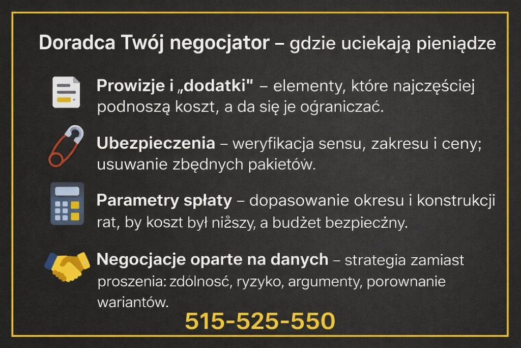 Rola doradcy jako negocjatora kosztów. Infografika pokazuje prowizje, ubezpieczenia i parametry spłaty, które wpływają na cenę kredytu. Negocjacje oparte na danych pozwalają realnie obniżyć koszt finansowania.
