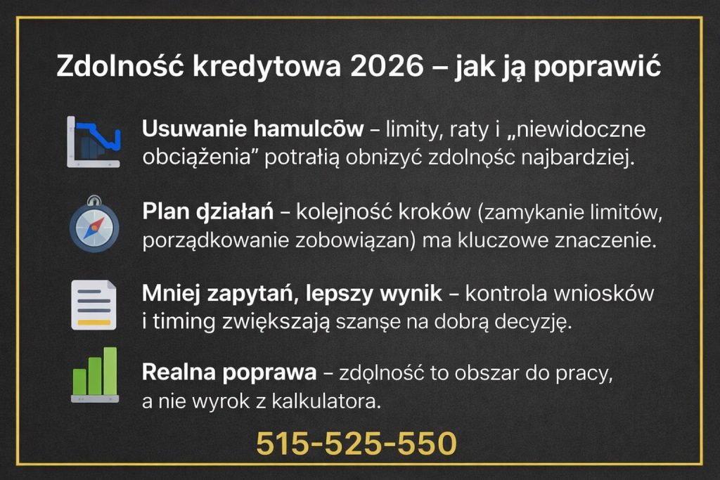Grafika wyjaśnia, jak poprawić ocenę banku w 2026 roku. Usuwanie limitów, plan działań, kontrola zapytań i świadome zarządzanie zobowiązaniami zwiększają szanse na pozytywną decyzję.